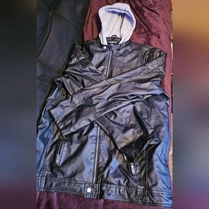 Carbon Black Hooded Faux Leather Jacket